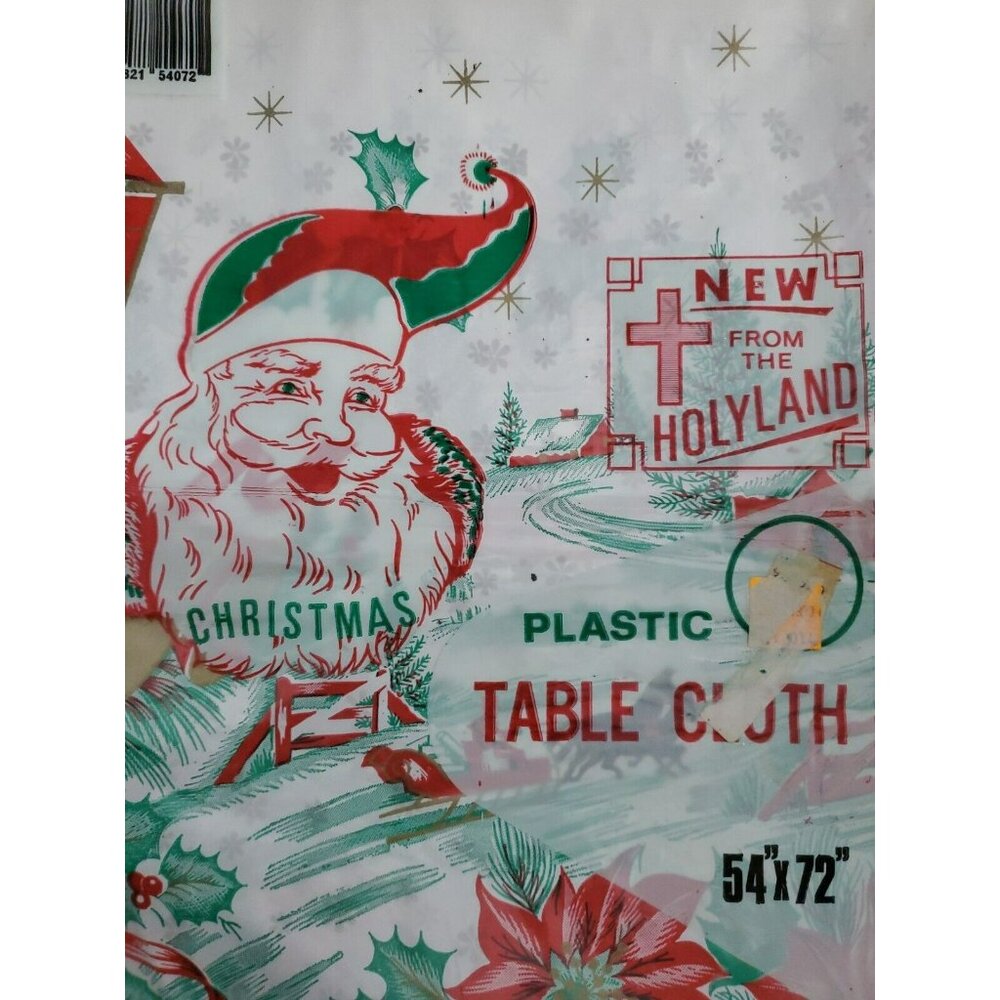 3 VTG Plastic Christmas TableCloths Cover Horse Sleigh Bells Poinsettia Holiday - Picture 7 of 9